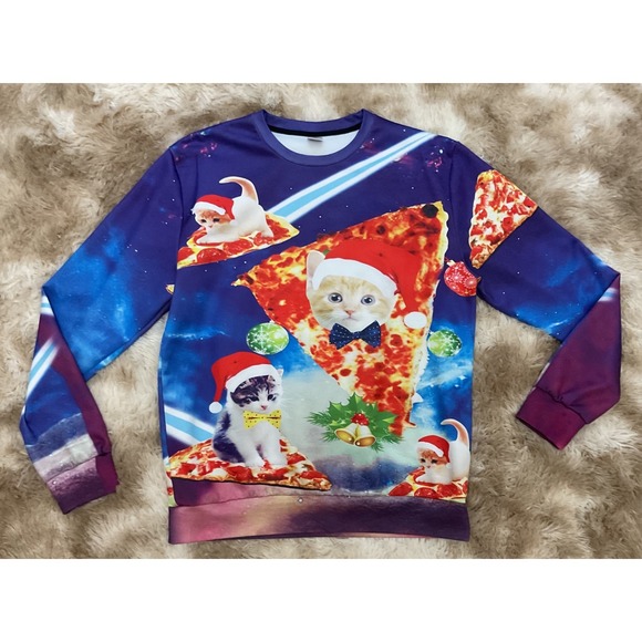 Unbranded Other - Christmas Space Cat Pizza Galaxy Graphic Sweatshirt Purple Holiday Unisex L